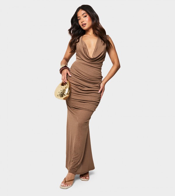Petite Cowl Neck Ruched Sleeveless Maxi Dress