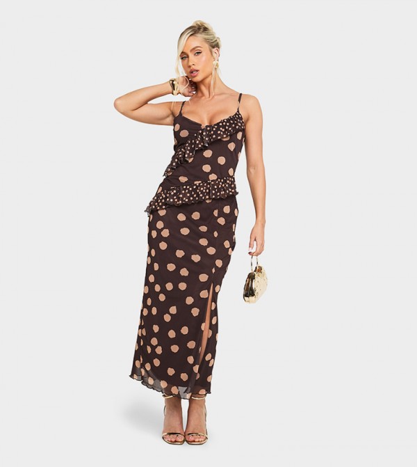 Polka Dots Ruffle Mesh Maxi Dress