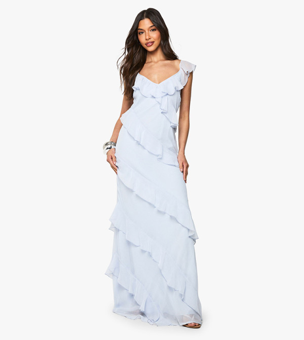 Buy Boohoo Chiffon Ruffled Plunge Neck Maxi Dress In Blue | 6thstreet Kuwait