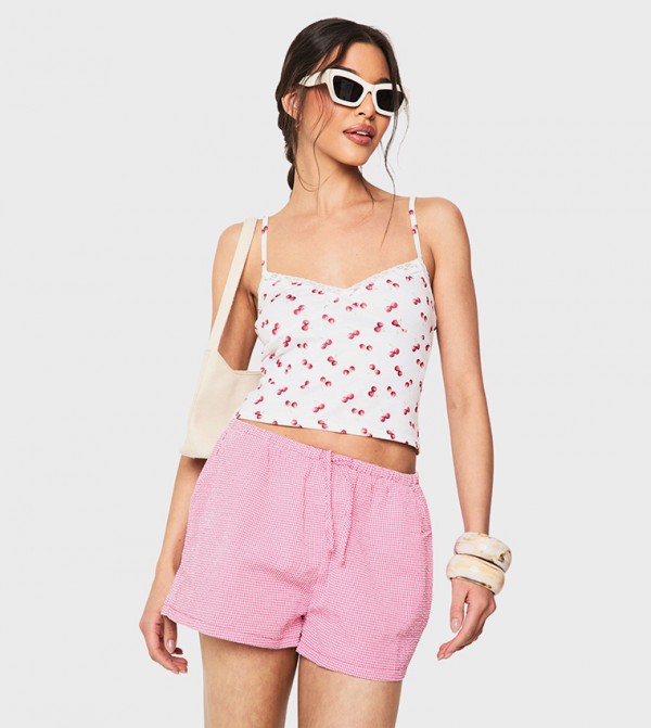 Jersey Cherry Print Lace Trim Cami Crop Top