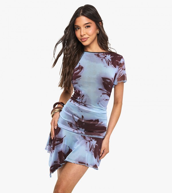 Blurred Floral Printed Crew Neck Flared Sleeves Mini Dress