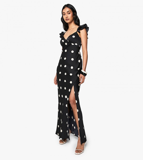 Polka Dot Satin Frill Sleeves Split Maxi Dress