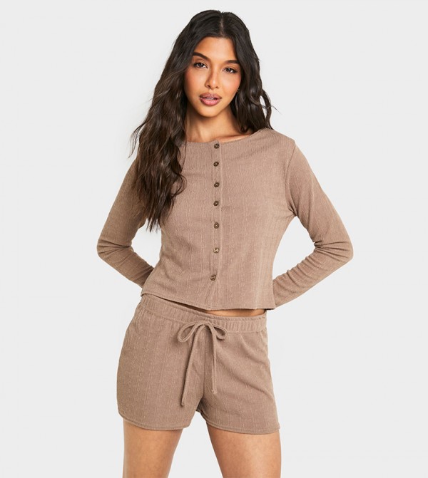 Crinkle Button Through Long Sleeves Crop Top