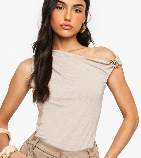 Marl Asymmetric Neck Trim Detail Bodysuit Top