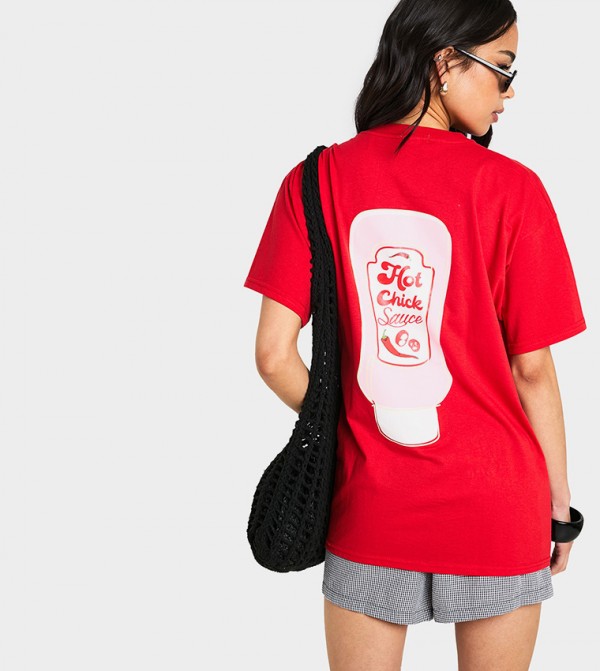 Hot Chick Sauce Back Printed Oversized T-Shirt