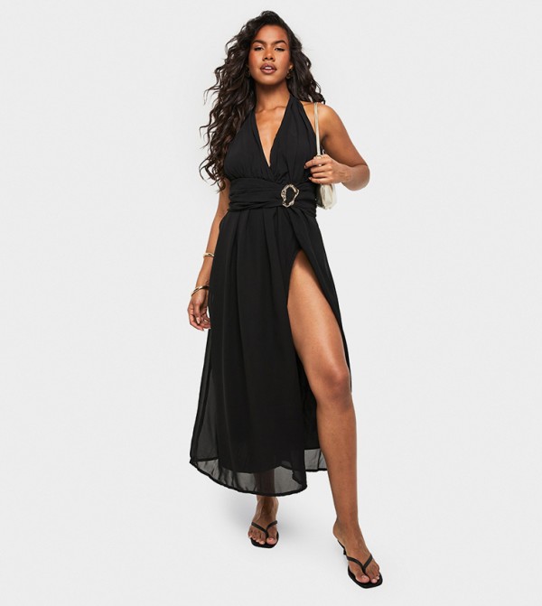 Petite Halterneck Thigh Split Maxi Dress