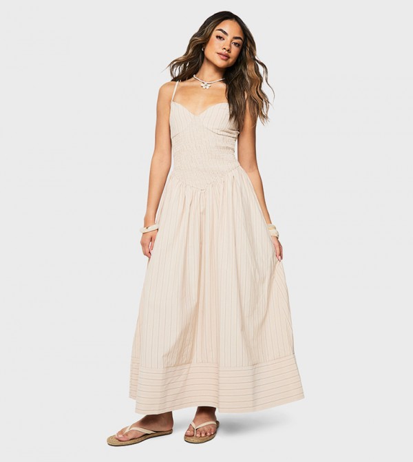 Striped Shirred Waist Detail Smock Maxi Dress