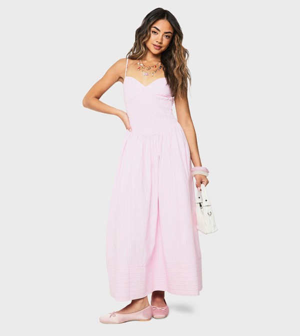 Stripe Shirred Waist Detail Smock Maxi Dress