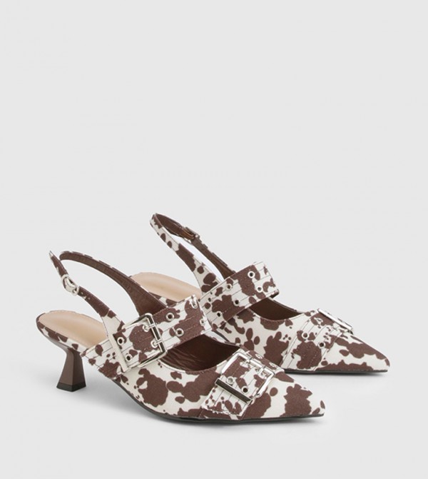 Cow Printed Buckle Detail Pony Skin Kitten Heels Pumps