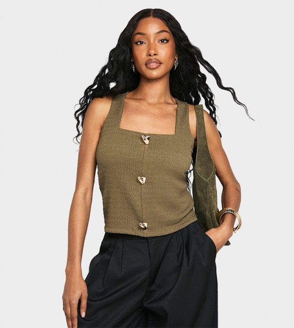 Textured Button Detail Sleeveless Top