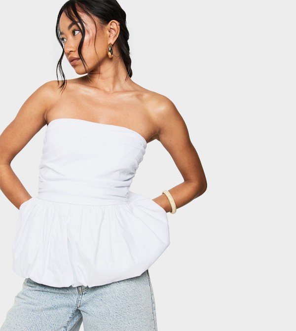 Solid Strapless Puffball Top