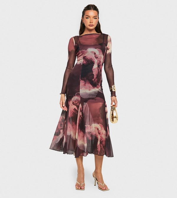Slash Neck Floral Mesh Print Godet Hem Midaxi Dress