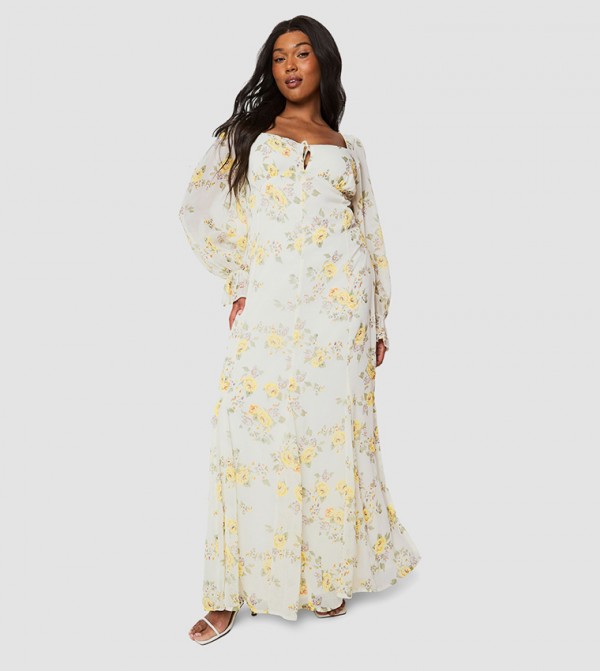 Curve Ditsy Floral Crinkle Chiffon Milkmaid Maxi Dress