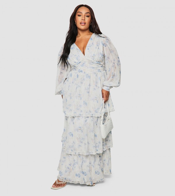 Curve Floral Chiffon Tiered Ruched Maxi Dress