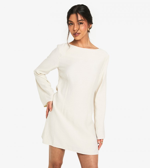Linen Long Sleeves Slash Neck Mini Dress