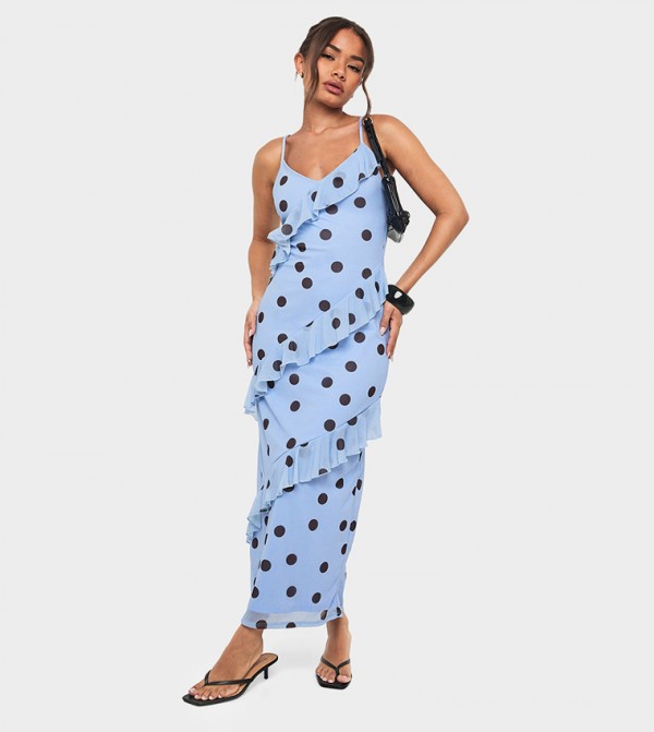 Polka Dots Strappy Frill Maxi Dress