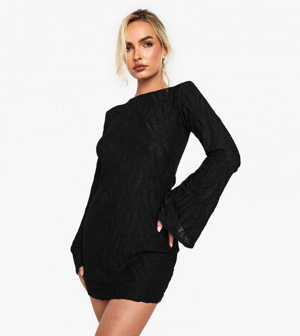 Textured Flared Sleeves Mini Dress