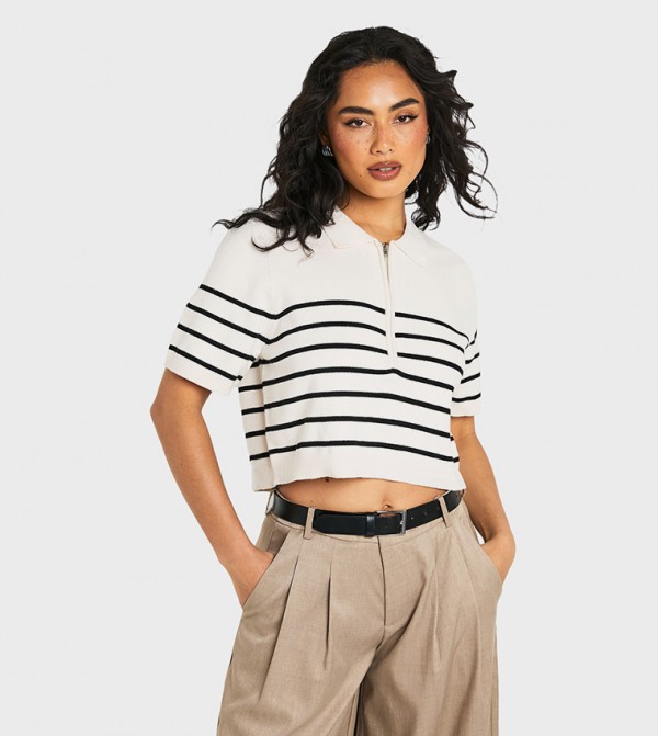 Striped Zip Neck Knitted Oversized Crop Top