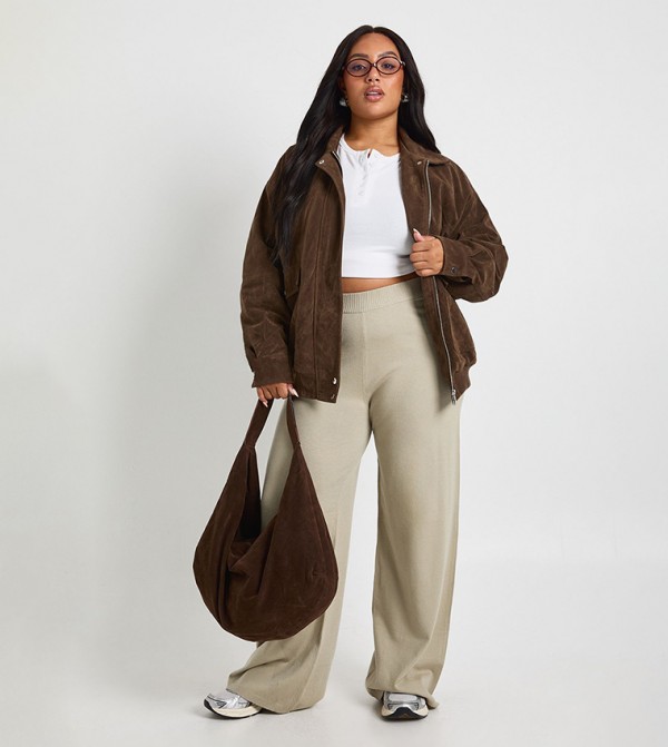 Curve Ribbed Knit Wide Leg Trousers