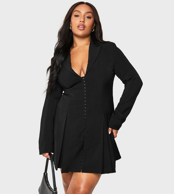 Curve Hook & Eye Detail Cinched Waist Blazer Mini Dress