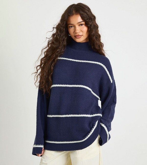Striped High Neck Knit Sweater