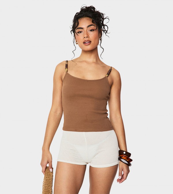 Ribbed Beaded Strap Detail Strappy Top