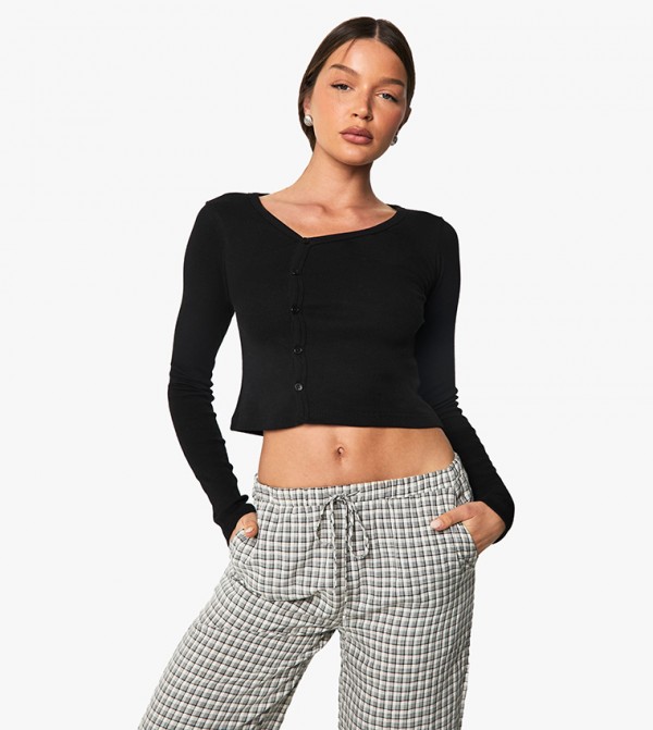 Rib Asymmetric Neckline Long Sleeves Crop Top