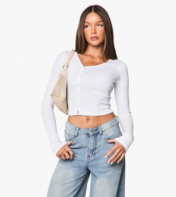 Rib Asymmetric Neckline Long Sleeves Crop Top