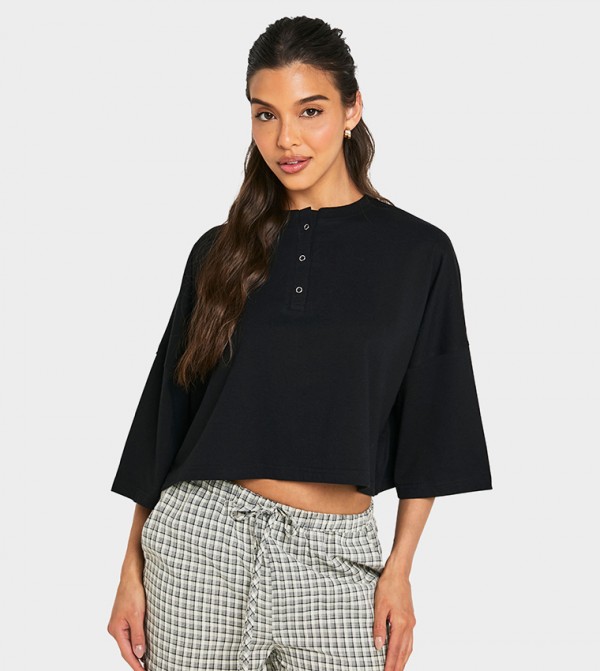 Henley Neck Boxy Crop T-Shirt