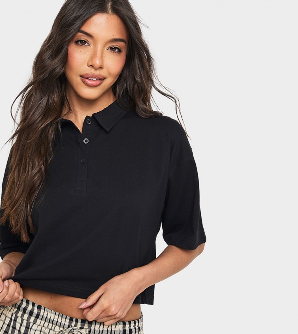 Solid Boxy Fit Crop Polo T-Shirt