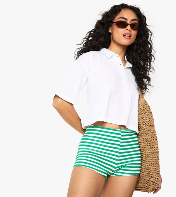 Button Collared Boxy Crop Polo T-Shirt