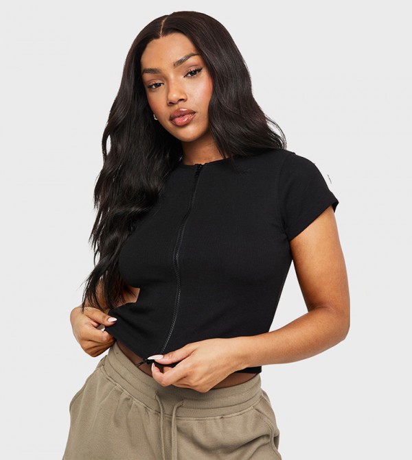 Ribbed Double Zip Through Short Sleeves Crop Top