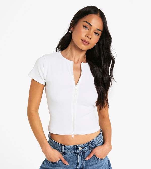 Rib Double Zip Through Short Sleeves Top