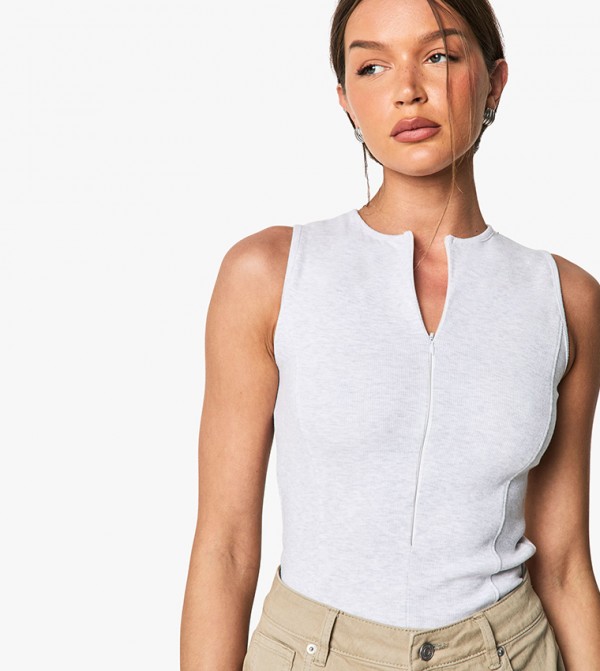 Rib Zip Through Sleeveless Top