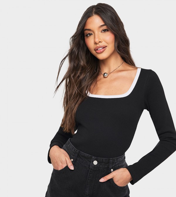 Ribbed Square Neck Long Sleeves Bodysuit