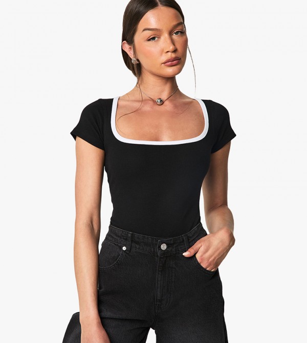Rib Contrast Binding Square Neck Short Sleeves Bodysuit Top