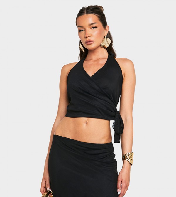 Mesh Halterneck Tie Crop Top