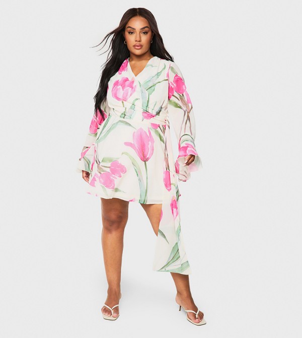 Curve Floral Printed Chiffon Flared Sleeves Mini Dress
