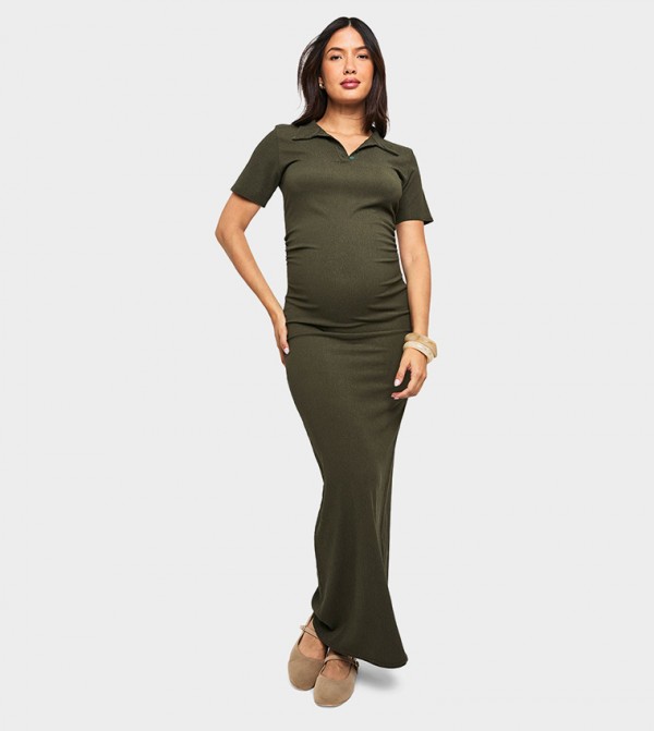 Textured Button Detail Maternity Maxi Dress
