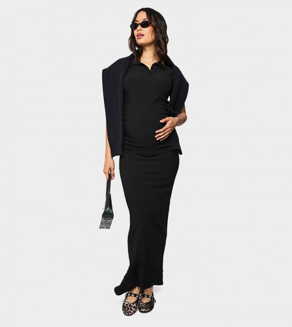 Textured Button Detail Maternity Maxi Dress