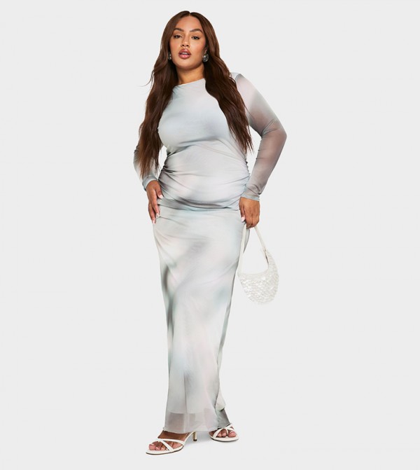 Curve Patterned Mesh Ruched Maxi Dress