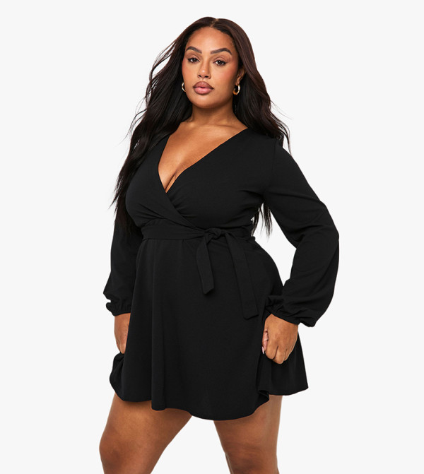 Curve Wrap Tie Belt Skater Mini Dress