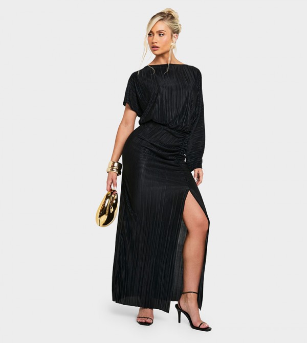 Plisse Ruched Split Maxi Dress