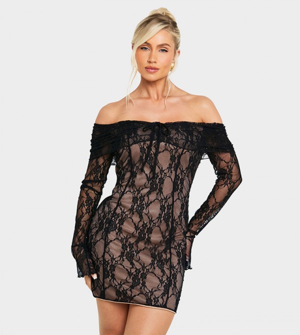 Bardot Long Sleeves Lace A-Line Mini Dress
