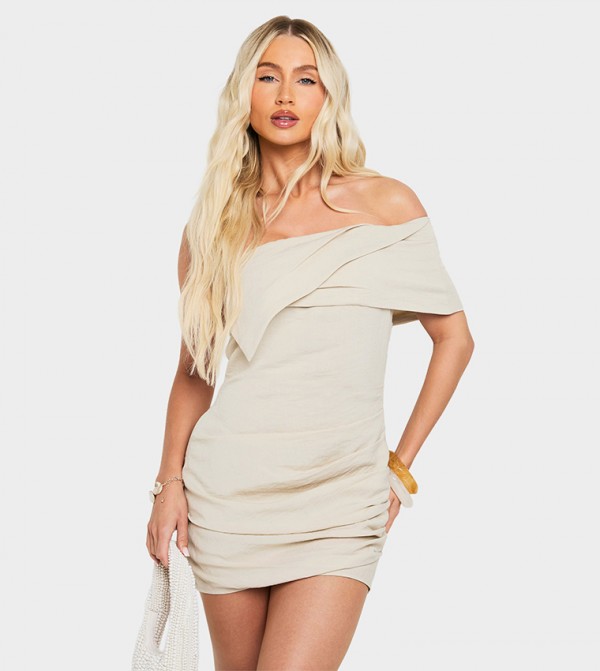 Linen Look Off Shoulder Ruched Mini Dress