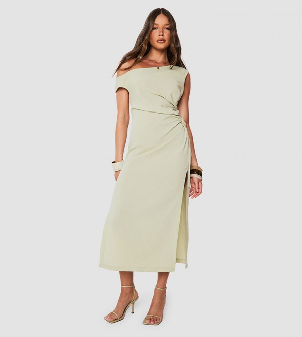 Linen Look Off The Shoulder Ruched Split Leg Midaxi Dress