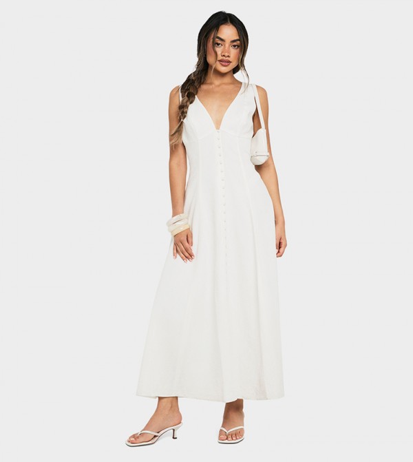 Linen Look Button Detail Midaxi Dress