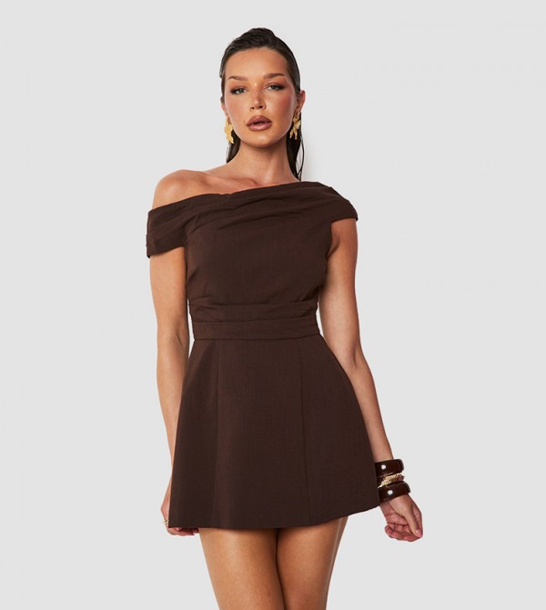 Linen Look Structured Off Shoulder Mini Dress