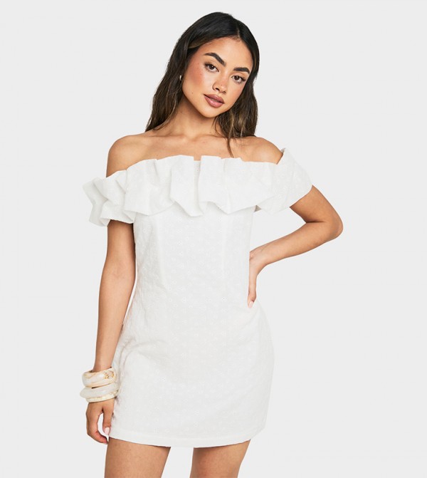 Broderie Ruffled Detail Bardot Mini Dress