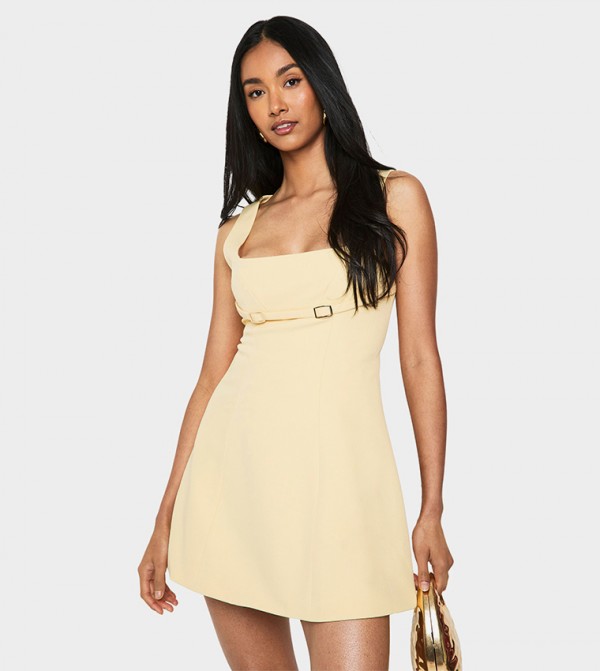 Buckle Detail Square Neck Skater Mini Dress